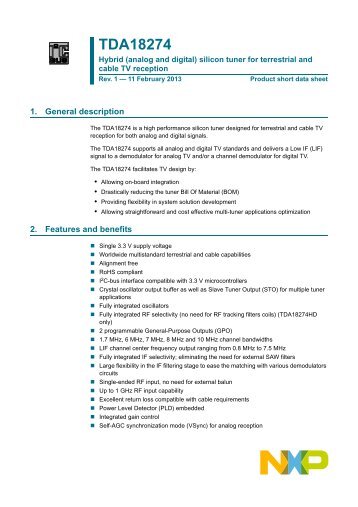 TDA18274 Hybrid (analog and digital) silicon tuner for terrestrial and ...
