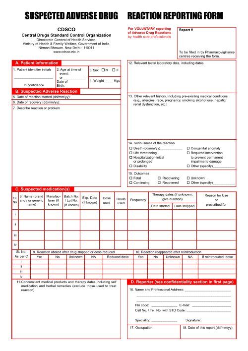 SUSPECTED ADVERSE DRUG REACTION REPORTING FORM