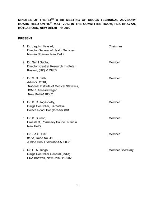 minutes of the 63 dtab meeting of drugs technical advisory board ...