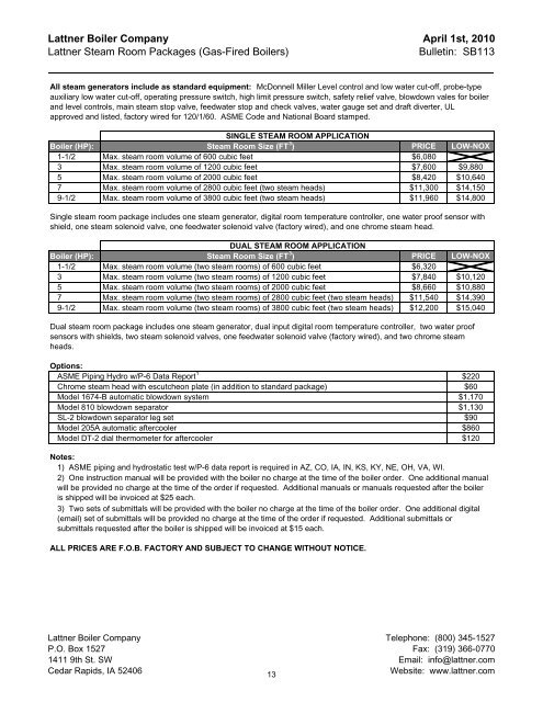 Lattner Prices 04.01.10 - Steam Room Boilers.pdf - Lattner Boiler ...