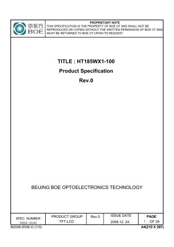 TITLE : HT185WX1-100 Product Specification Rev.0 - OLED-LCD-TFT