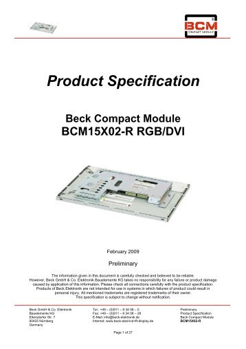 Product Specification BCM15X02-R RGB/DVI - OLED-LCD-TFT