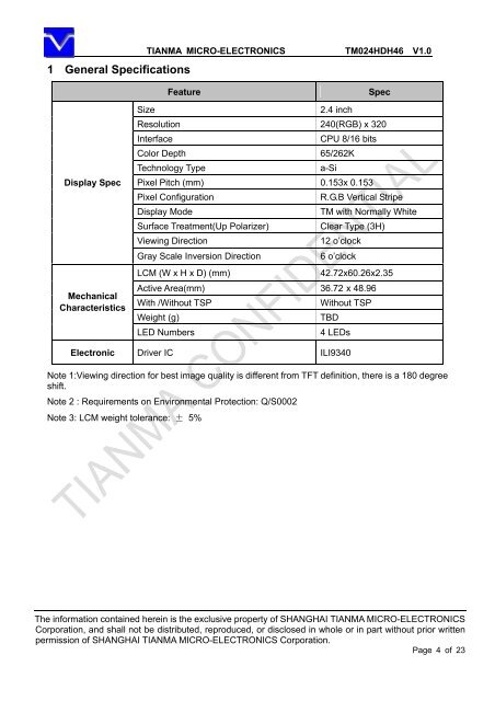 TM024HDH46 ISSUED DATE: 2010-10-24 ... - Tianma Europe