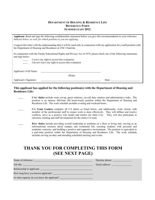 Housing Works Reference Form.pdf Summer Application Reference Form - Housing and Residence Life