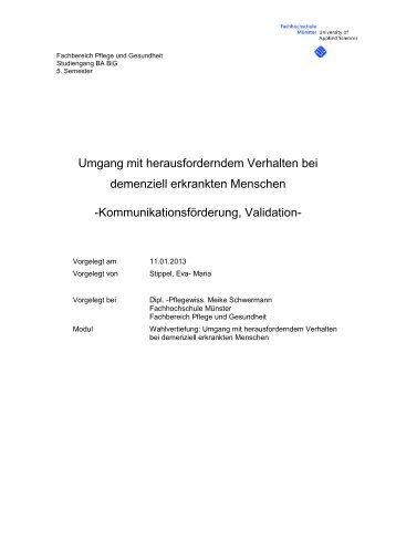 Umgang mit herausforderndem Verhalten bei demenziell erkrankten ...