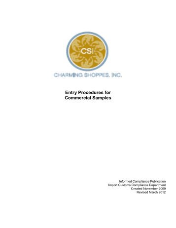 Entry Procedures for Commercial Samples - CSI Vendor Manual