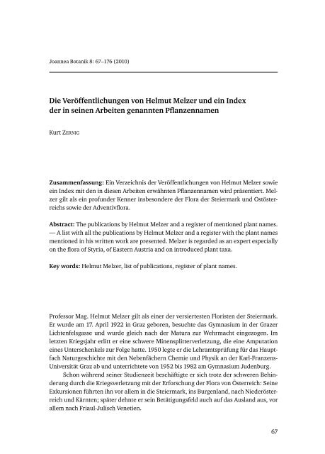 Die Veröffentlichungen von Helmut Melzer und ein Index der in ...