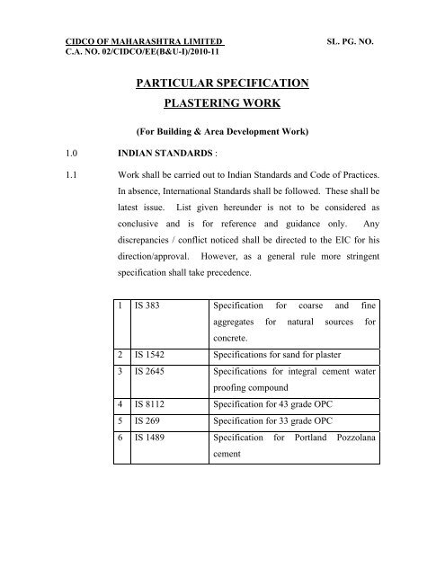 particular specification plastering work - CIDCO Maharashtra Ltd.