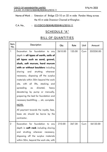 SCHEDULE “A” BILL OF QUANTITIES - CIDCO Maharashtra Ltd.