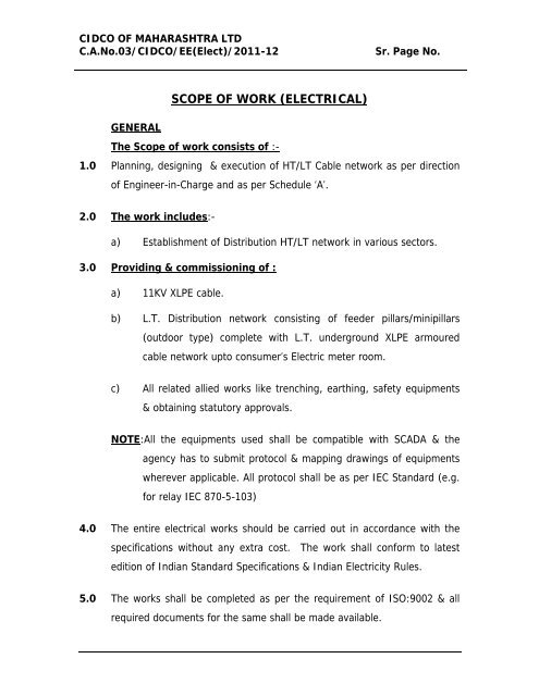 SCOPE OF WORK (ELECTRICAL) - CIDCO Maharashtra Ltd.