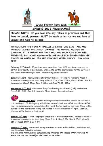 Wyre Forest Pony Club SPRING 2012 PROGRAMME