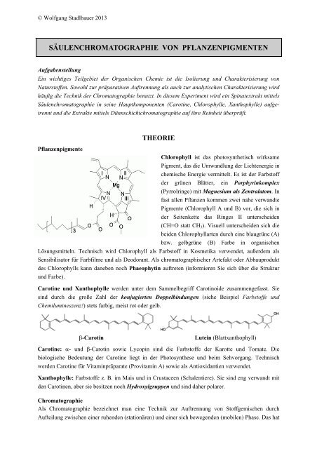 säulenchromatographie von pflanzenpigmenten - Organische und ...