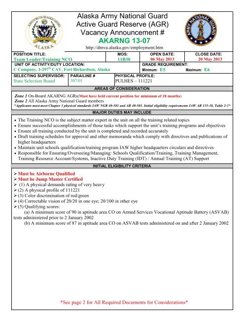 Alaska Army National Guard Active Guard Reserve (AGR) Vacancy ...