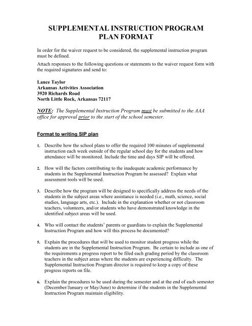 supplemental instruction program plan format - Arkansas Activities ...