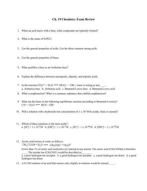 Ch. 19 Chemistry Exam Review