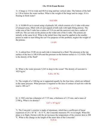 Ch. 15-16 Exam Review 1) A barge is 15.0 m wide and 40.0 m long ...