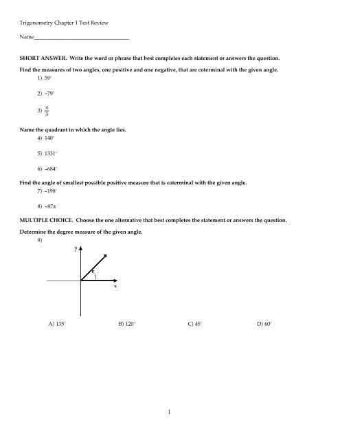 Trigonometry Chapter 1 Test Review ...