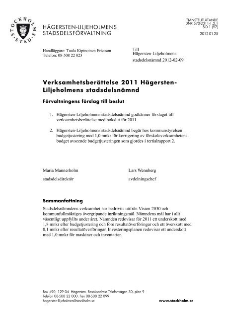 Verksamhetsberättelse 2011 Hägersten- Liljeholmens ...