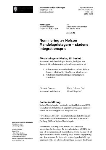 Nominering av Nelson Mandelapristagare – stadens ... - Insyn