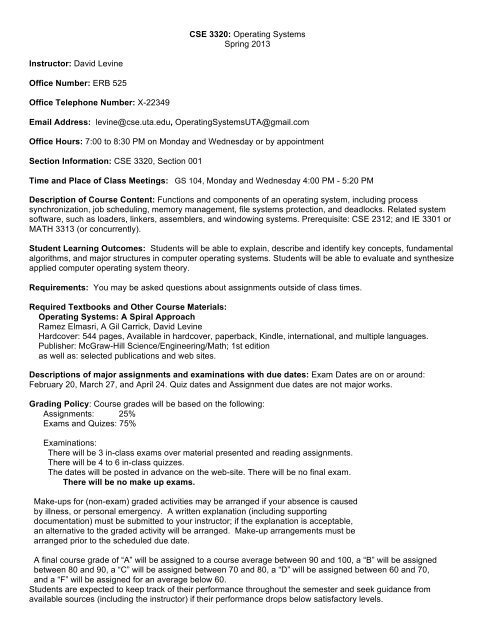 Uta Spring 2022 Final Exam Schedule Cse 3320: Operating Systems Spring 2013 Instructor: David Levine ...