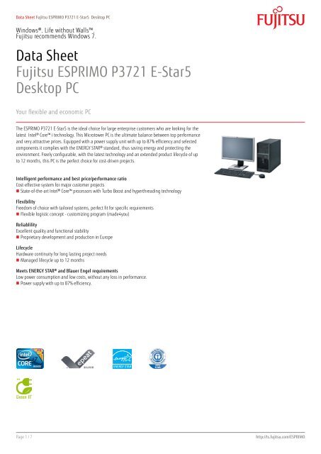 Data Sheet Fujitsu ESPRIMO P3721 E-Star5 Desktop PC