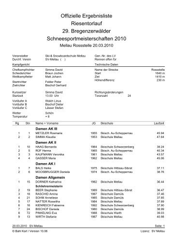 Skischule 2010 offizielle Ergebnisliste