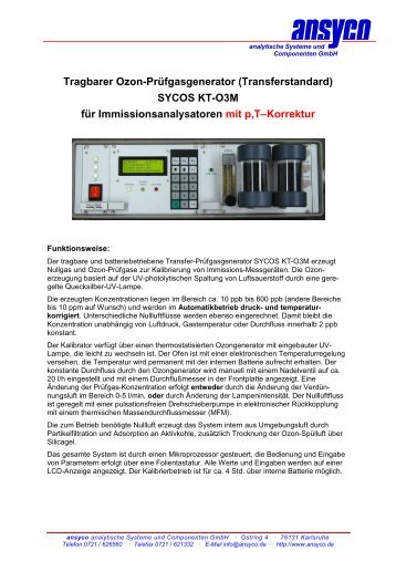 Tragbarer Ozon-Prüfgasgenerator (Transferstandard) SYCOS KT ...