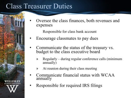 WORKSHOP for CLASS TREASURERS - Wellesley College