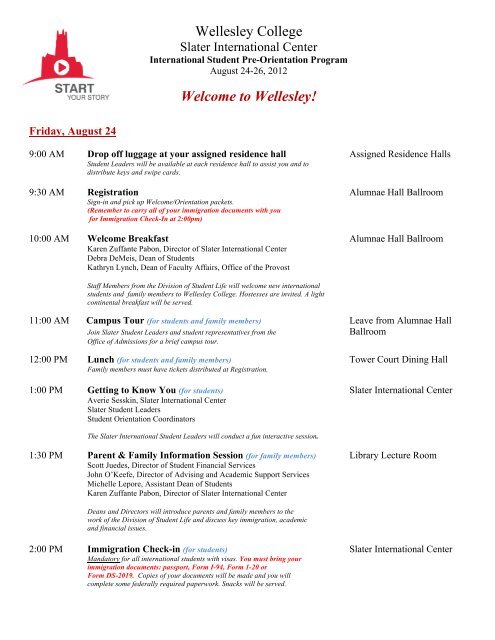DRAFT Pre-Orientation Schedule 2012 - Wellesley College