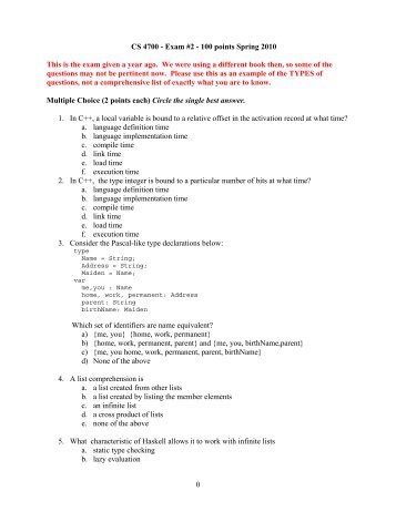 0 CS 4700 - Exam #2 - 100 points Spring 2010 This is the exam ...