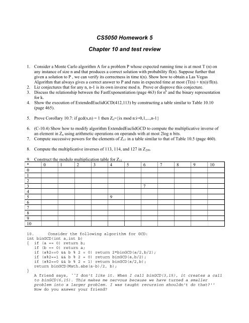 CS5050 Homework 5 Chapter 10 and test review