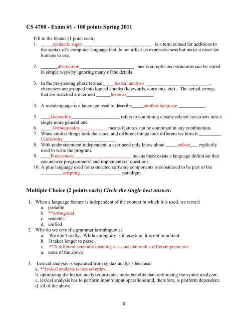 CS 4700 - Exam #1 - 100 points Spring 2011 Multiple Choice (2 ...