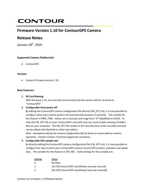Firmware Version 1.10 for ContourGPS Camera Release Notes