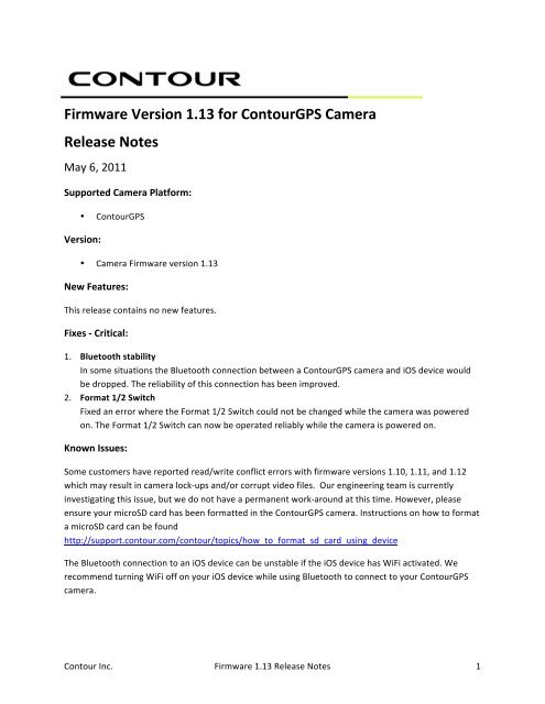 Firmware Version 1.13 for ContourGPS Camera Release Notes