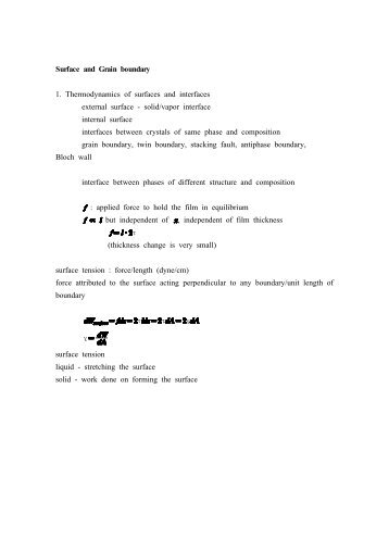 Surface and Grain boundary 1. Thermodynamics of surfaces and ...