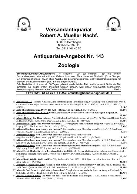 Antiquariats-Angebot Nr. 143 Zoologie - Antikbuch24