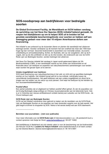Persbericht NL SOS - IUCN