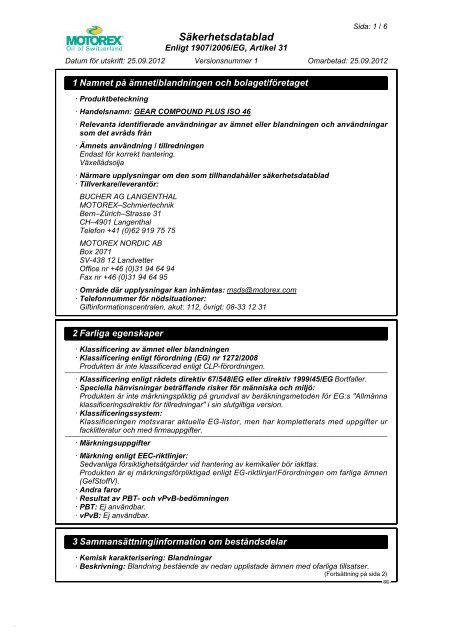 GEAR COMPOUND PLUS 46 Säkerhetsdatablad - MOTOREX