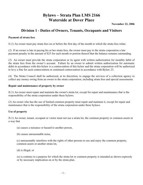 Bylaws – Strata Plan LMS 2166 Waterside at Dover Place