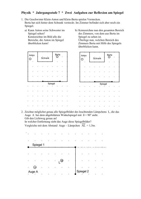 Physik * Jahrgangsstufe 7 * Zwei Aufgaben zur Reflexion am Spiegel