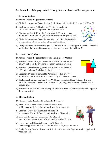 Mathematik * Jahrgangsstufe 8 * Aufgaben zum linearen ...