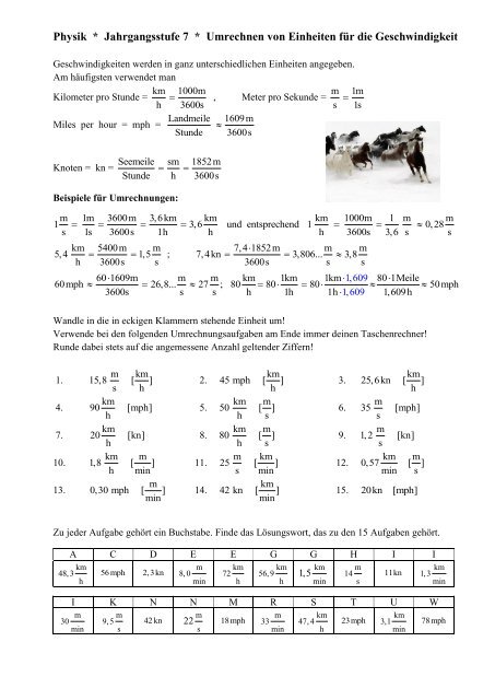 Physik * Jahrgangsstufe 7 * Umrechnen von Einheiten für die ...