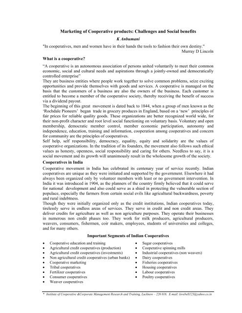 Marketing of Cooperative products: Challenges and Social benefits