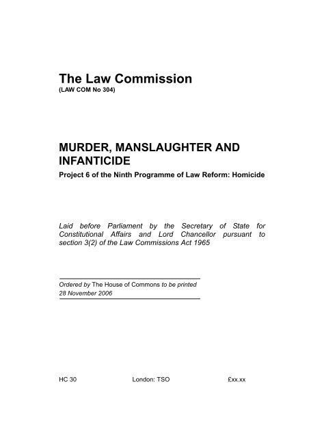 Murder, Manslaughter and Infanticide - Law Commission