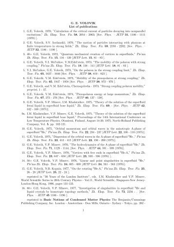 GE VOLOVIK List of publications 1. GE Volovik - Low Temperature ...