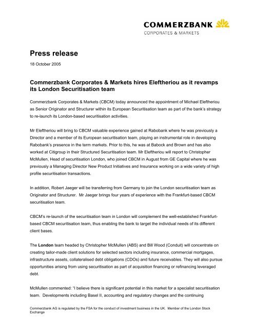 Eleftheriou as it revamps its London Securitisation ... - Commerzbank