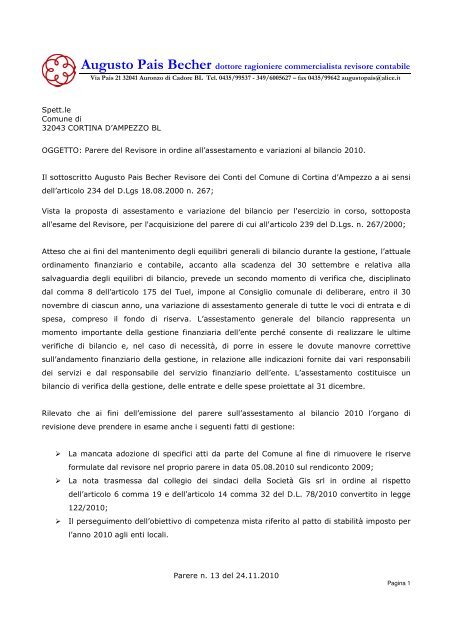 Augusto Pais Becher dottore ragioniere ... - Pieve di Cadore