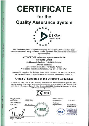 Page 1 CERTIFICATE for the Quality Assurance System DEKRA ...