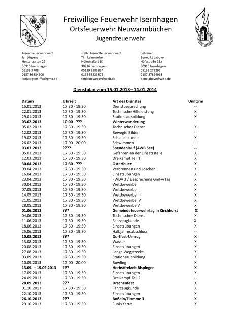 Dienstplan - Freiwillige Feuerwehr Isernhagen