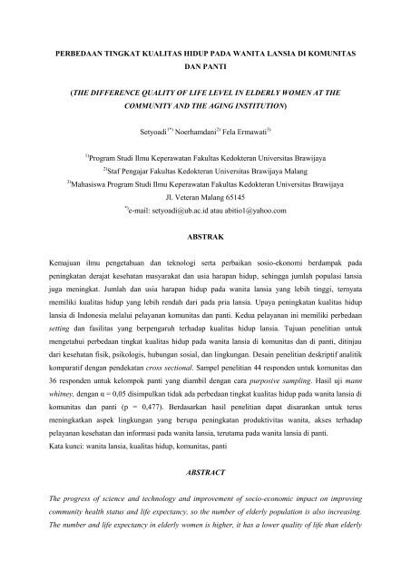 Perbedaan Tingkat Kualitas Hidup Pada Wanita Lansia Di Komunitas